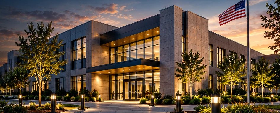 Modern institutional facility illuminated at dusk